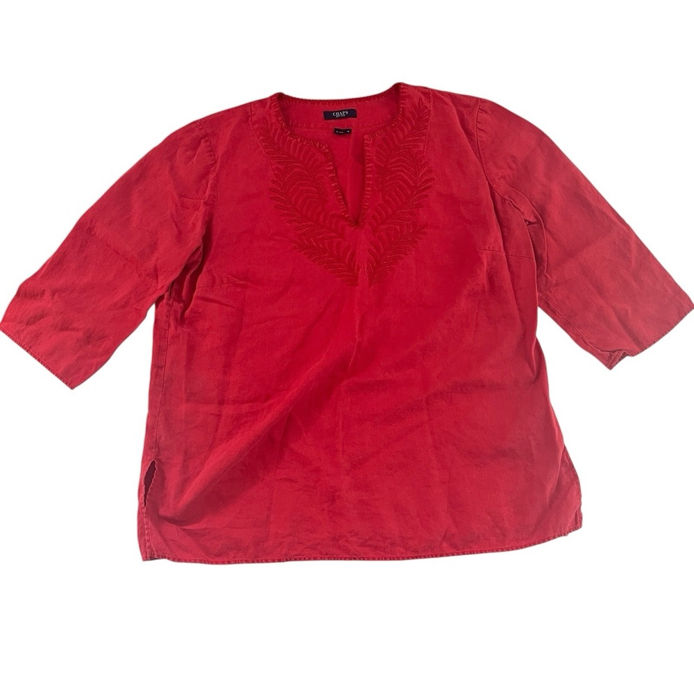 Chaps Women's Size 1X Tunic V-Neck 100% Linen Red 3/4 Length Blouse